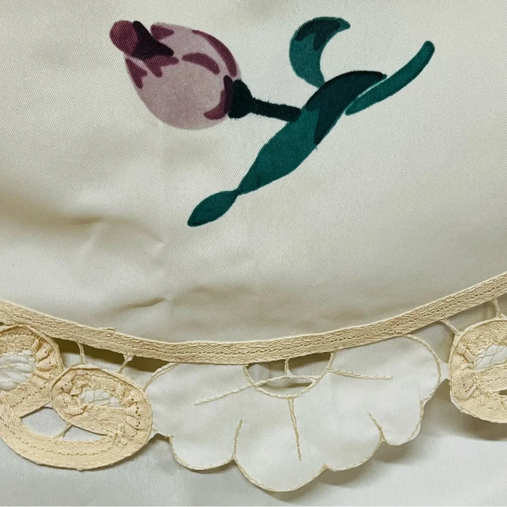 Vintage Fabric Valance Shower Curtain With Floral Design /Lace Bric-a-Brac Trim